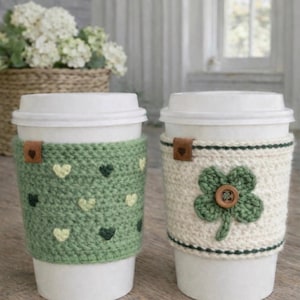 4 in 1 CROCHET PATTERN! Easy Holiday Valentine St Patrick’s Day Heart Appliqué Shamrock & Mini Hearts Mug Cozy Warmer | Instant Download PDF