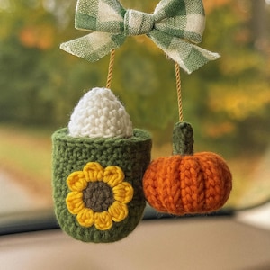2 in 1 Fun CROCHET PATTERN! |Adorable Pumpkin Latte Car Charm Mirror Hanger Fall Thanksgiving Autumn Instant Download PDF Pattern | Gift
