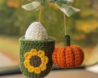 2 in 1 Fun CROCHET PATTERN! |Adorable Pumpkin Latte Car Charm Mirror Hanger Fall Thanksgiving Autumn Instant Download PDF Pattern | Gift