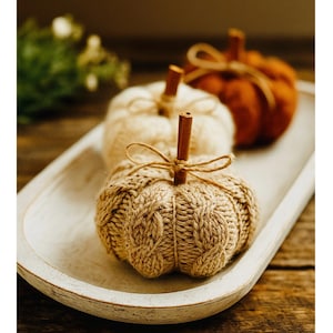 Può includere: Tre zucche lavorate a maglia nei toni crema, beige e arancione, ciascuna con uno stelo di cannella e un fiocco di spago, poggiano in un vassoio di legno rustico imbiancato. Le zucche hanno un design a treccia, perfetto per l'autunno.