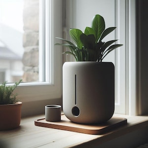 Può includere: Un moderno vaso grigio chiaro con un design alto e sottile, che contiene una vivace pianta verde. Una piccola tazza abbinata e un vassoio di legno sono posizionati accanto su un davanzale. Il vaso ha una fessura verticale e un'apertura circolare.