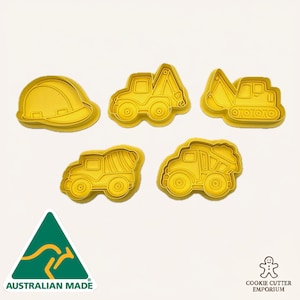 Construction Cookie Cutter and Fondant Stamp Set – 5 Piece Set With Handles