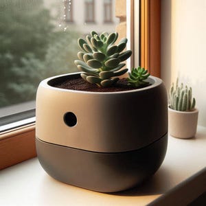 May include: A two-tone, modern ceramic planter with a small succulent plant. The top half is a light beige, and the bottom half is dark gray. A small hole is visible on the side. A smaller succulent and a cactus are in the background.