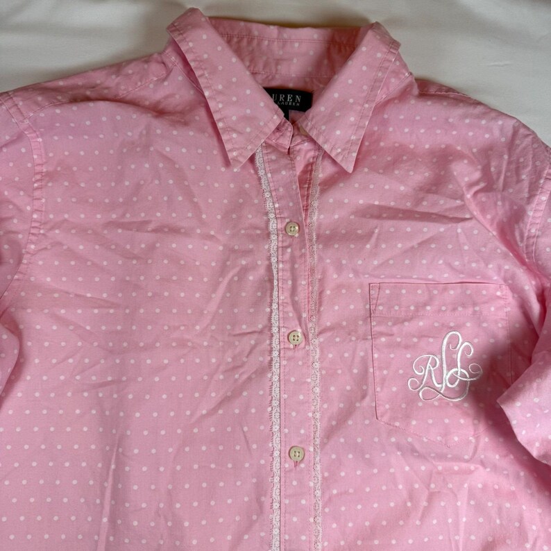 vintage Lauren Ralph Lauren chemise de nuit boutonnée rose à pois pyjama rare image 3