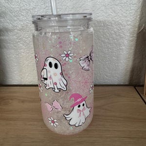 16oz Halloween Glitter Snow Globe Cup – Spooky Cute Acrylic Tumbler, Halloween Girl Aesthetic, Ghosts, , Pink & black Vibes