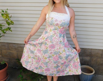 Vintage 1950's Floral Cotton Halter Sun Dress with Rhinestones, Pretty Pastel Midi Dress