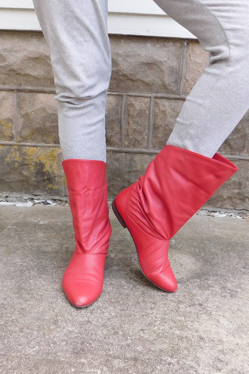 red flat slouch boots