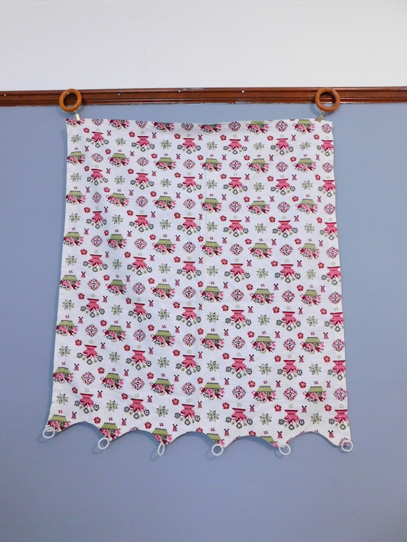 Vintage Pair Cafe Curtain Panels Cotton Floral Drapes Folk Art Country Farmhouse Decor