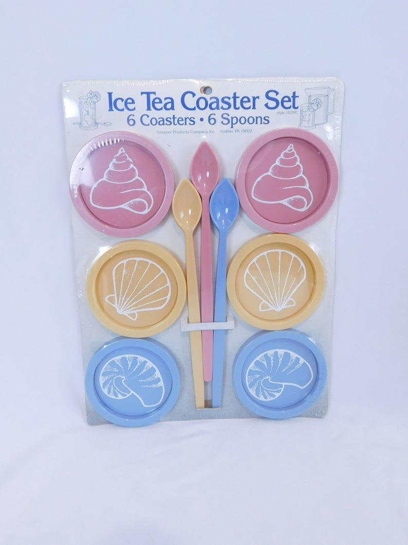 Vintage NIP Ice Tea Coaster Set with Spoons Nautical Shell  Coasters and Spoons Set