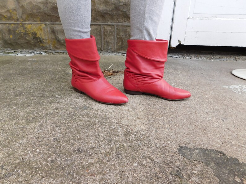 red flat slouch boots
