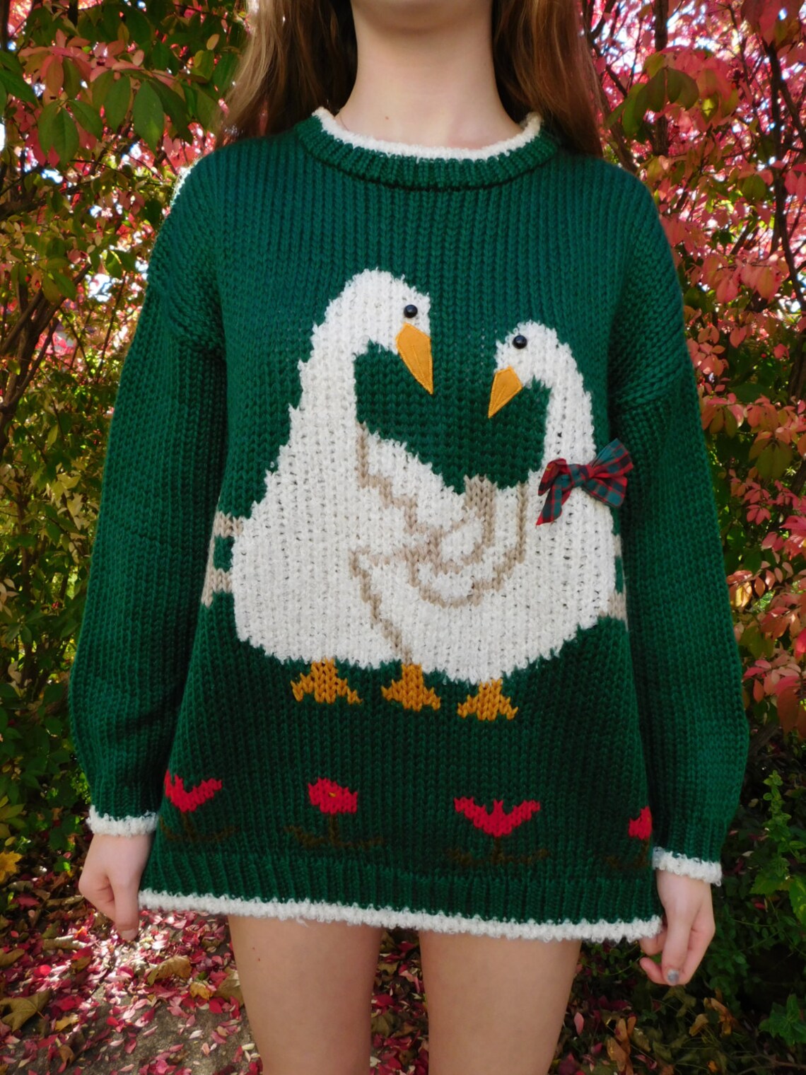 Vintage Chunky Hand Knit Goose Sweater Geese Tartan Plaid Etsy