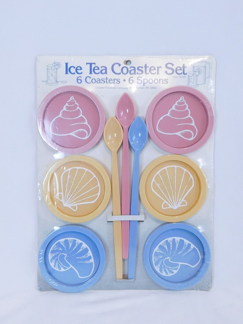Vintage NIP Ice Tea Coaster Set with Spoons Nautical Shell  Coasters and Spoons Set