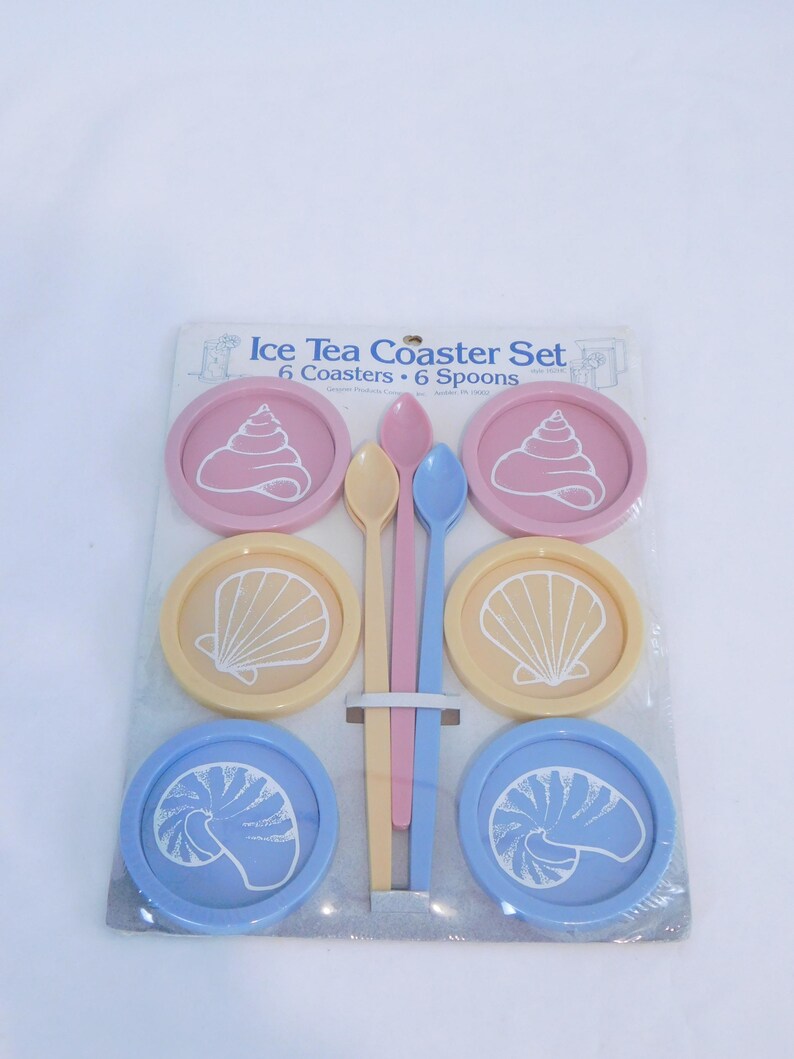 Vintage NIP Ice Tea Coaster Set with Spoons Nautical Shell Coasters and Spoons Set