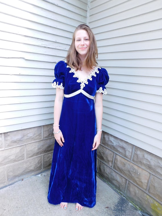Vintage Blue Velvet and Lace Maxi Dress