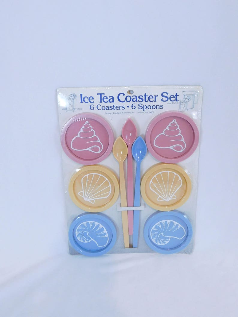 Vintage NIP Ice Tea Coaster Set with Spoons Nautical Shell Coasters and Spoons Set
