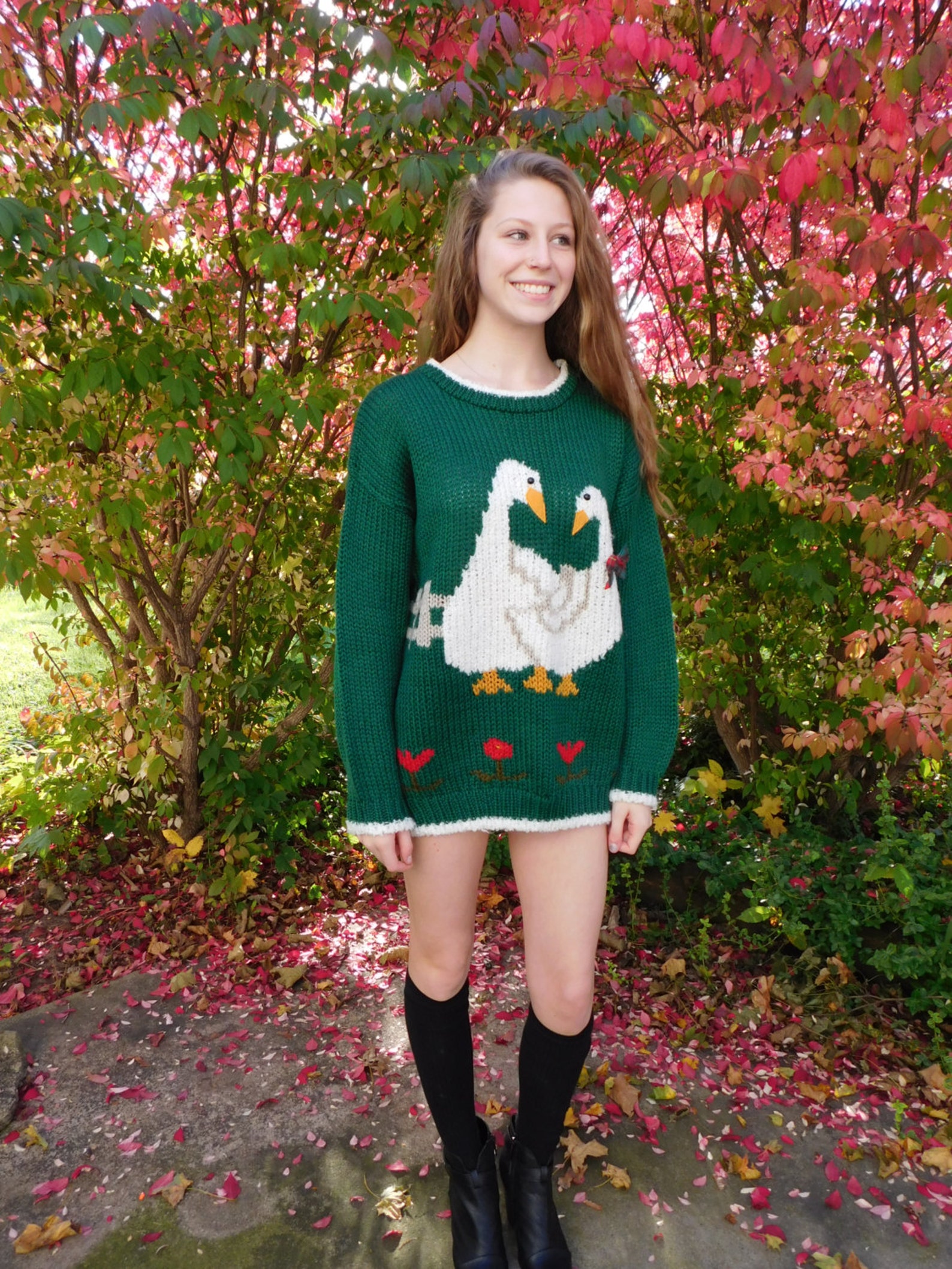 Vintage Chunky Hand Knit Goose Sweater Geese Tartan Plaid Etsy