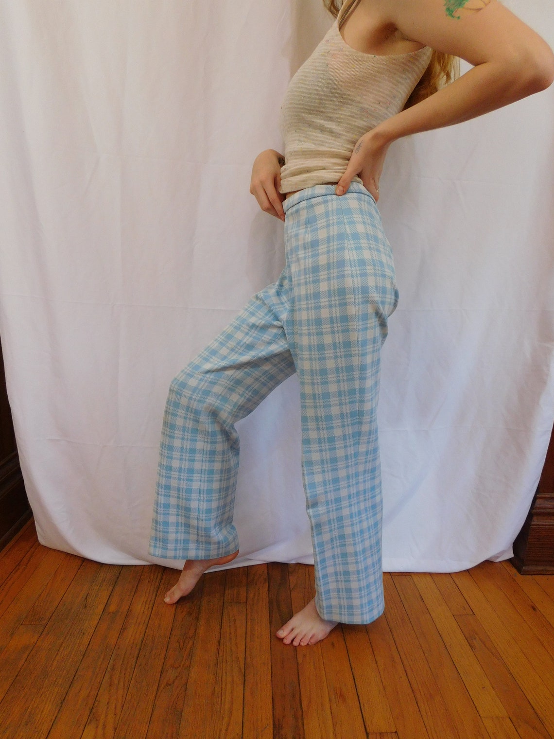Vintage Blue and White Polyester Pants Wide Leg Checkered Etsy