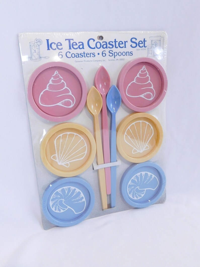 Vintage NIP Ice Tea Coaster Set with Spoons Nautical Shell Coasters and Spoons Set