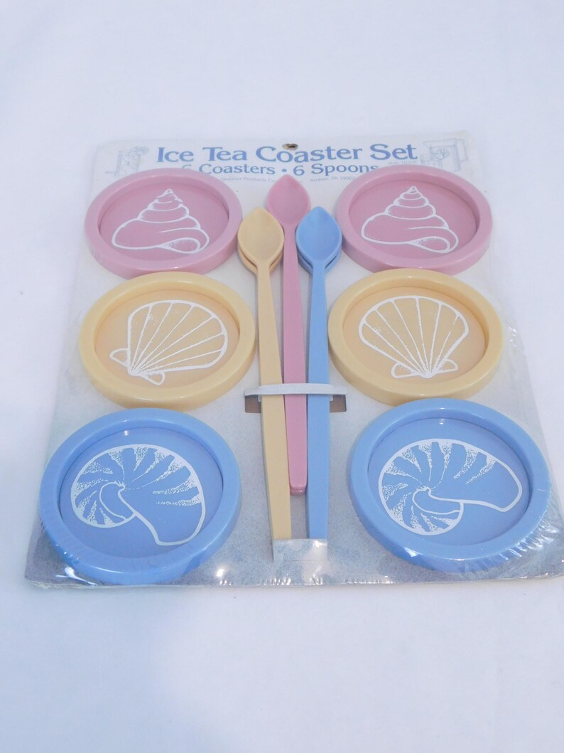Vintage NIP Ice Tea Coaster Set with Spoons Nautical Shell Coasters and Spoons Set