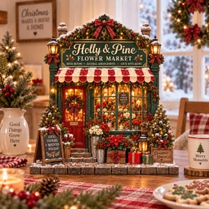 May include: A miniature Holly & Pine Flower Market shop display featuring a red door, a striped awning, and festive holiday decor. The storefront includes a sign reading Local Flowers A Brighter Holiday, illuminated lanterns, and Christmas greenery.