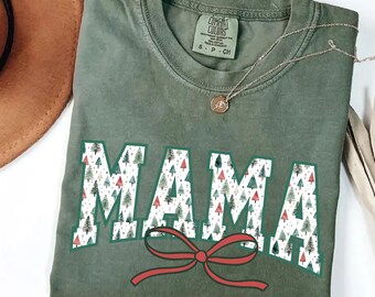 Comfort Colors Christmas Mama Shirt, Retro Mom Shirt, Christmas Gift for Mom, Xmas Christmas Tee Holiday New Mom Gift Pregnancy Announcement