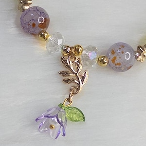Fairy Garden Bracelet: Green & Purple Beaded Bracelet with Flower Charm