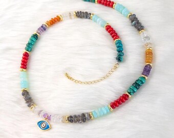Blue Evil Eye Gemstone Choker: Multicolor Heishi Bead Necklace, Gold Plated