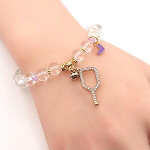 Court Diva Pickleball Bracelet, Gold Bling Paddle Charm, Pink Heart Beads, Stretchy Court Accessory