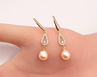 Boucles d'oreilles en perles d'eau douce véritables, boucles d'oreilles pendantes en perles, boucles d'oreilles de mariée, cadeau pour demoiselle d'honneur, bijoux de mariage, cadeau pour elle