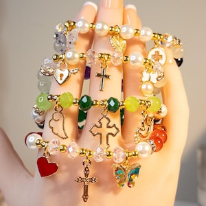 Handmade Cross Charm Bracelet: Pearl, Crystal & Gold Faith Jewelry