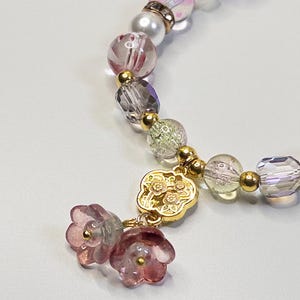 Garden Fairy Beaded Bracelet – Pink Bell Flower Dangle, Gold Charm Accent, and Pastel Beads | Whimsical Handmade Jewelry