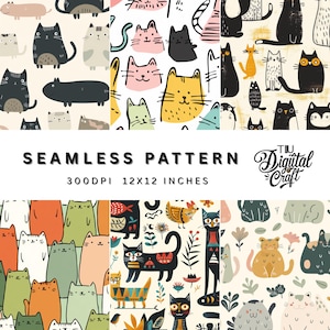Cats Seamless Pattern, Doodle Quirky Cat Background, Repeating Cute Funny Cats Digital Paper, Cat Seamless Illustration Commercial Use