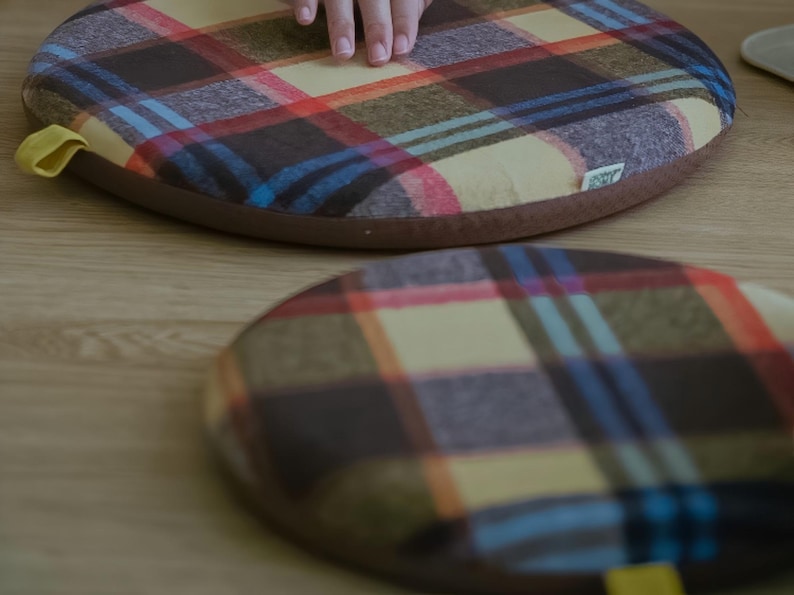 May include: Two round seat cushions with a plaid pattern in shades of brown, yellow, red, and blue. The cushions have a brown border and a yellow fabric loop. One cushion is in focus, while the other is slightly blurred.