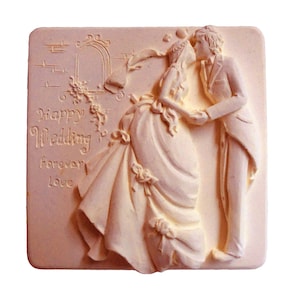 Happy Wedding Silicone Mold - Romantic High Relief Soap Mold, One Cavity, Wedding Couple Design, 2D Artisan Mold for Handmade Soap