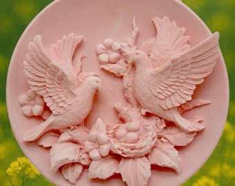 Molde de silicona con forma de nido de pájaro: molde redondo con relieve 2D con pájaros y flores para jabón, cera y resina. Tema primaveral. Molde artesanal.