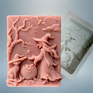 Enchanted Witch's Brew Soap Silicone Mold | Halloween Soap Mold | Witch & Cat Silicone Mould | Handmade Soap Making Tool | One Cavity Mold