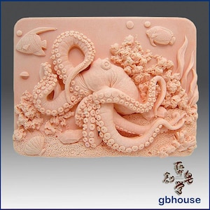 2D Octopus on Coral Reef Silicone Mold | Artistic Relief Design for Soap, Resin, Plaster & Candle Making | 3D Ocean Theme DIY Craft Mold