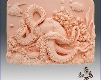 Molde de silicona de pulpo 2D sobre arrecife de coral / Diseño artístico en relieve para hacer jabón, resina, yeso y velas / Molde artesanal 3D con temática oceánica