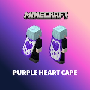Może przedstawiać: Dwa modele postaci z gry Minecraft noszące fioletowe peleryny w kształcie serca. Peleryny mają białą obwódkę i fioletowy wzór serca. Modele mają jasnoniebieskie, klockowate włosy i są umieszczone na gradientowym tle. Słowo "Minecraft" znajduje się u góry, a "Purple Heart Cape" u dołu.