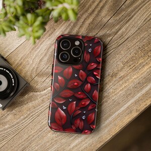 Funda elegante para teléfono con diseño de hojas rojas, diseño floral, accesorios con temática natural, regalo único para las fiestas.