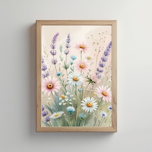Pastell Wildblumen Wandkunst - Cottagecore Botanisches druckbares, weiches Aquarell Blumenplakat, romantisches digitaler Download Dekor