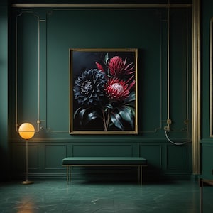 Dark Botanical Wall Art – Moody Floral Print with Black Background, Gothic Dark Academia Decor, Exotic Vintage Flower Download