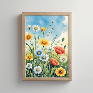 Wildflower Meadow Art Print – Whimsical Floral Wall Art, Country Botanical Digital Download, Cheerful Flower Printable