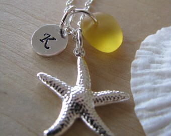 Yellow Sea Glass Starfish Necklace Personalized Stamped Initial Yellow Wedding Bridesmaid Jewelry Beach Glass Beach Bridesmaids Gifts