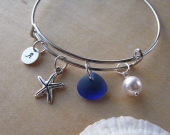 Pulsera de cristal marino azul ajustable, pulsera azul real para damas de honor, joyería con estrella de mar, dije de letra, boda en la playa, regalo personalizado para damas de honor