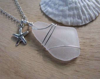 White Sea Glass Jewelry with Starfish Charm Sea Glass Necklace Beach Glass