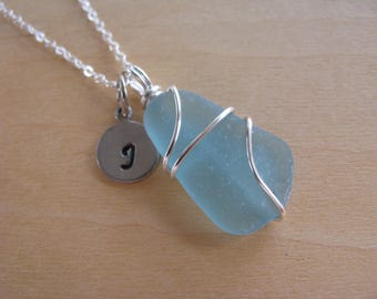 Powder Blue Sea Glass Pendant beach glass necklace wire wrapped seaglass pendant aqua sea glass jewelry OOAK beach jewelry real genuine