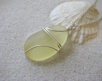 Lemon Yellow Wire Wrapped Sea Glass Necklace Man Made Sea Glass Beach Glass Bridesmaid Jewelry for Beach Wedding