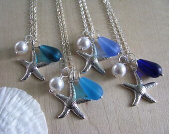 Wedding Jewelry Starfish Necklaces Bridesmaid Jewelry in Blue Beach Cobalt, Turquoise and Cornflower Blue, Teal Blue