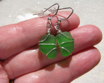 Real Sea Glass Earrings in Emerald Green Mini Dangle Beach Glass Earrings Wire Wrapped Kelly Green Beach Jewelry OOAK Natural Sea Glass